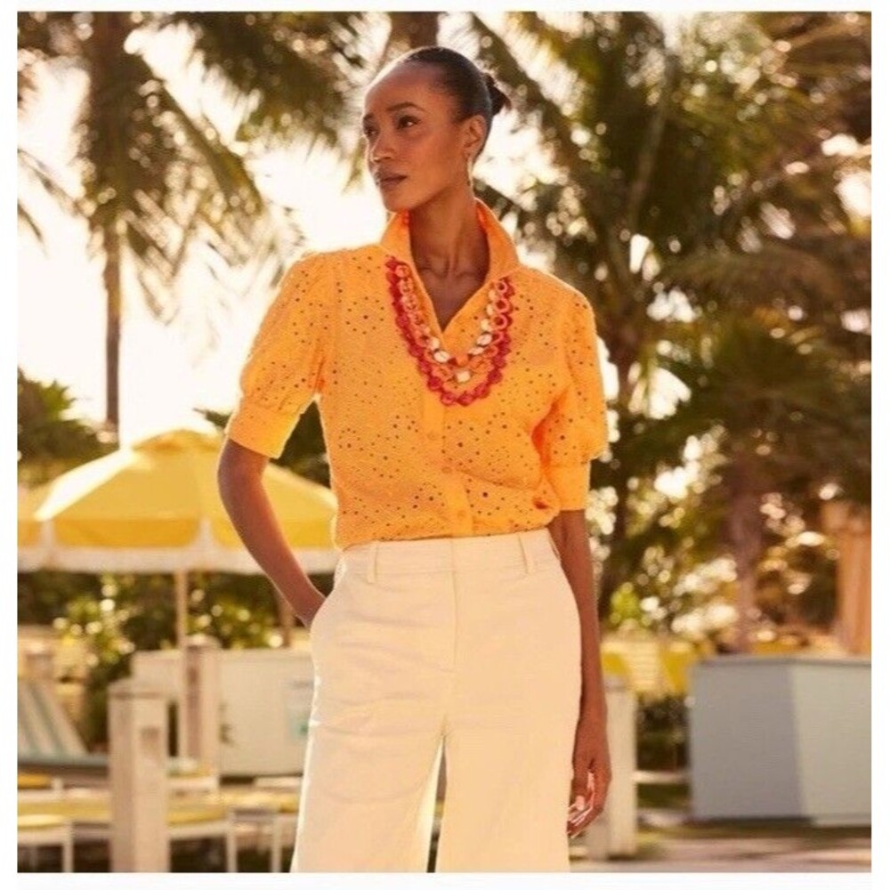 Chico's Pineapple Eyelet Top Size 0.5 Small Orange Cotton Button Down Shirt